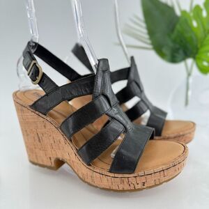 Born Bernese Womens Sandal Size 10 Black Leather Wedge Heel Open Toe Retro Caged